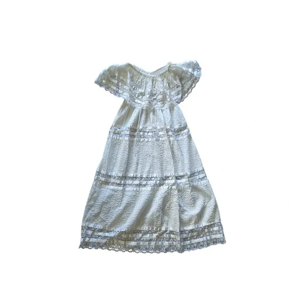 Vintage Prairie Peasant Maxi Dress Lace Ribbon Trim Ruffle Cape Boho Romantic - Picture 2 of 5